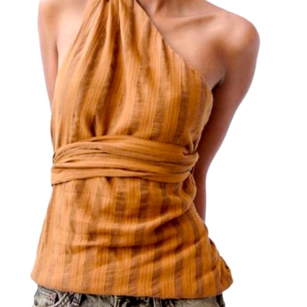 Zara One Shoulder Beaded Tie Top Cinnamon Color With Beads NEW Size XS
